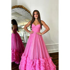 Elegantes und luxuriöses A-Linien-Party-Ballkleid mit Rüschen, V-Ausschnitt und ärmellosem Tüll