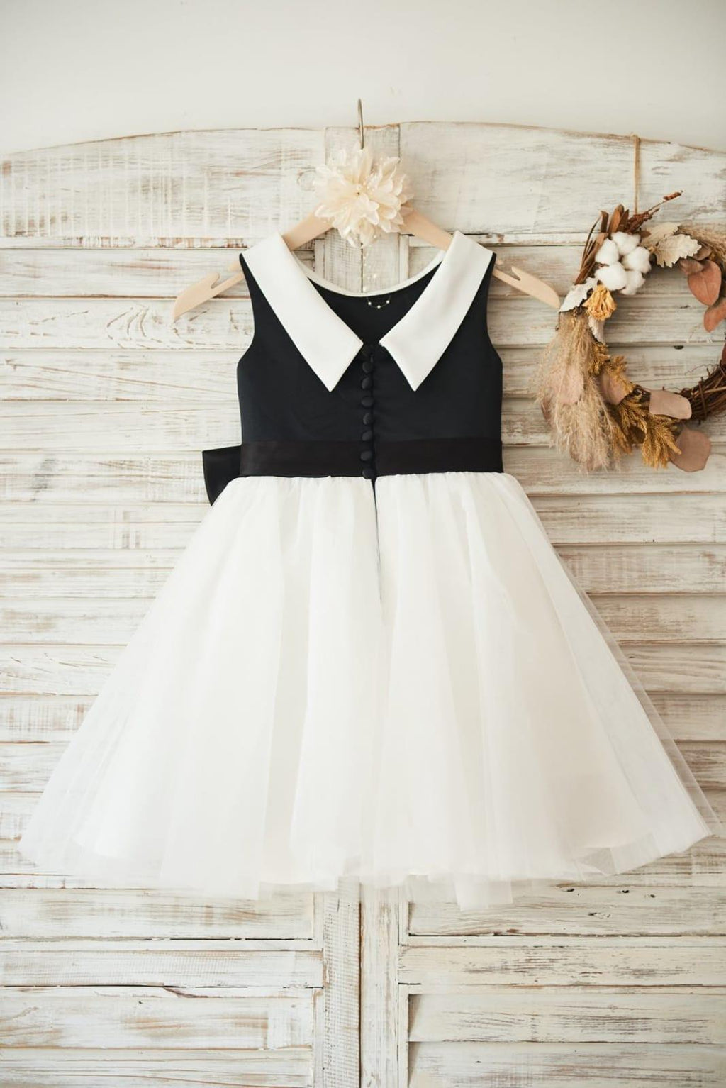 Vestido de niña de las flores negro hasta la rodilla de tul satinado 