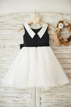Vestido de niña de las flores negro hasta la rodilla de tul satinado 