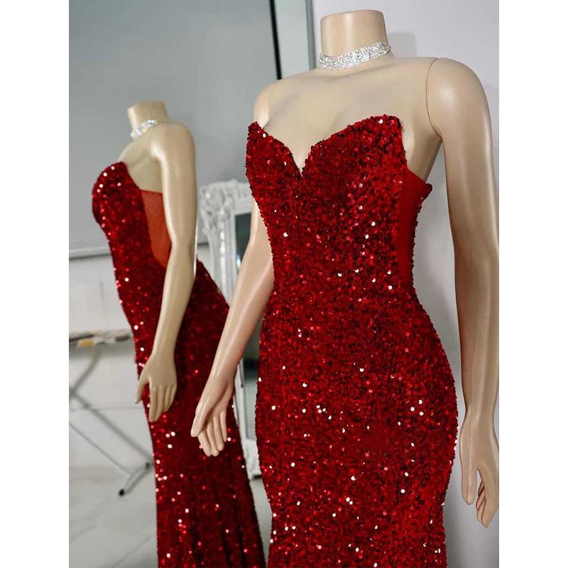 Vestido de fiesta de graduación sexy con lentejuelas, sin tirantes y corte trompeta para mujeres negras 