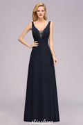 Deep V-Neck Beading A-line Bridesmaid Dress Floor Length Maid of Honor Dress