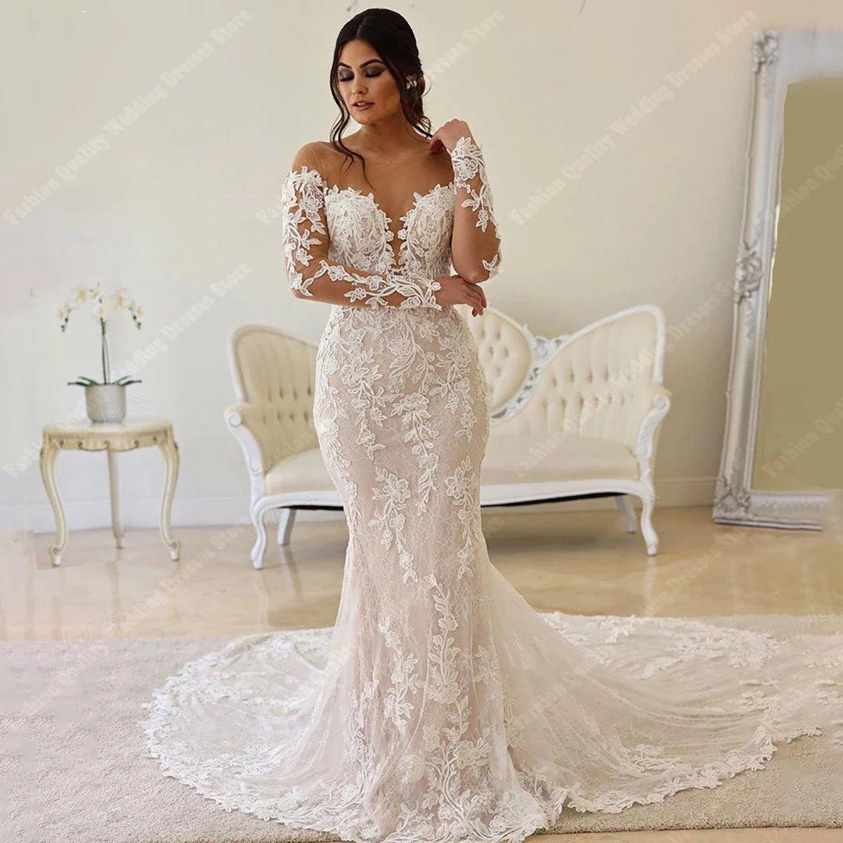 NumberSea - Deep V Neck Wedding Dresses For Women 2024 New Off Shoulder Lace Long Sleeves Mermaid Ball Bridal Gown Vintage Vestidos De Novia