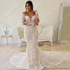 NumberSea - Deep V Neck Wedding Dresses For Women 2024 New Off Shoulder Lace Long Sleeves Mermaid Ball Bridal Gown Vintage Vestidos De Novia