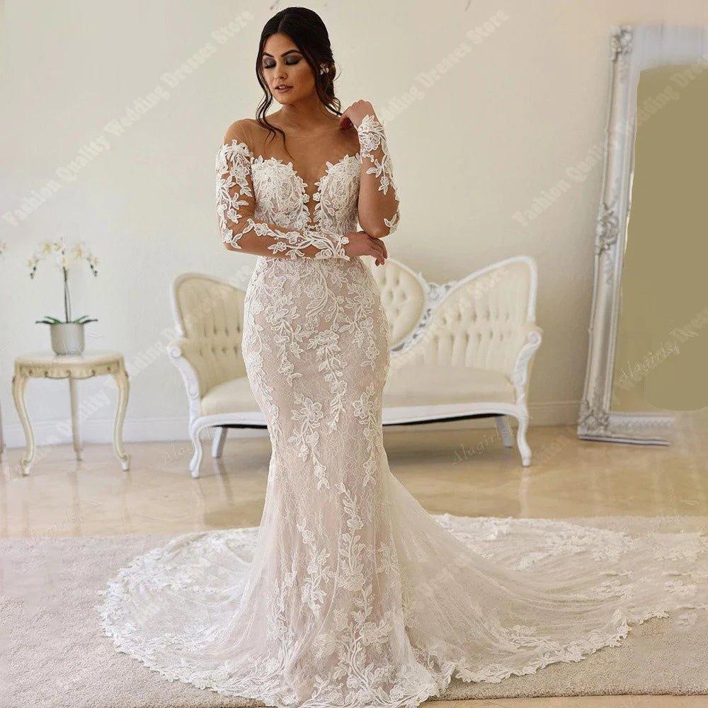 NumberSea - Deep V Neck Wedding Dresses For Women 2024 New Off Shoulder Lace Long Sleeves Mermaid Ball Bridal Gown Vintage Vestidos De Novia