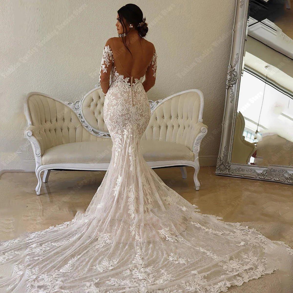 NumberSea - Deep V Neck Wedding Dresses For Women 2024 New Off Shoulder Lace Long Sleeves Mermaid Ball Bridal Gown Vintage Vestidos De Novia