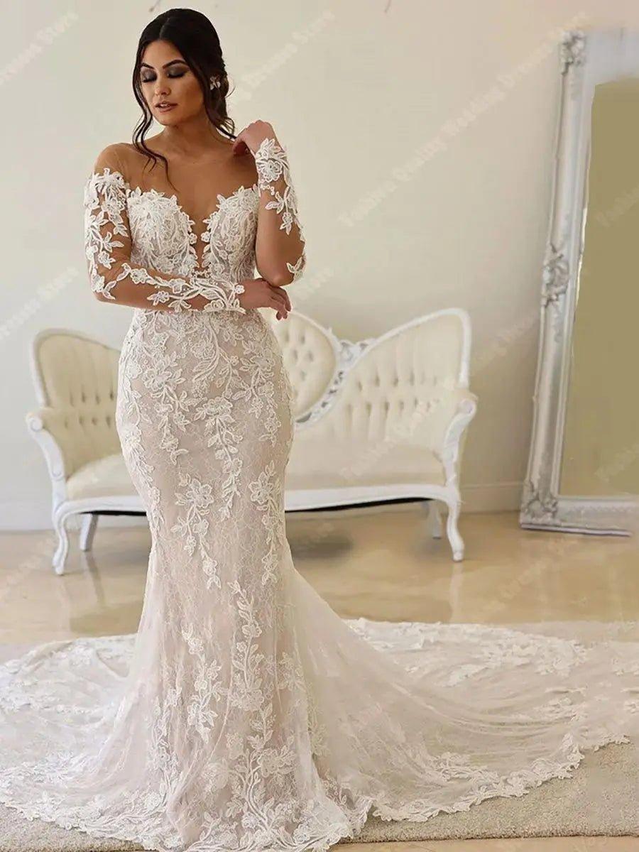NumberSea - Deep V Neck Wedding Dresses For Women 2024 New Off Shoulder Lace Long Sleeves Mermaid Ball Bridal Gown Vintage Vestidos De Novia