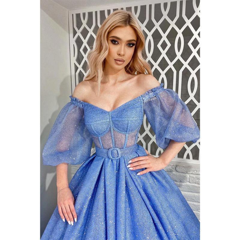 Einzigartiges schulterfreies, funkelndes Ballkleid mit halblangen Ärmeln 
