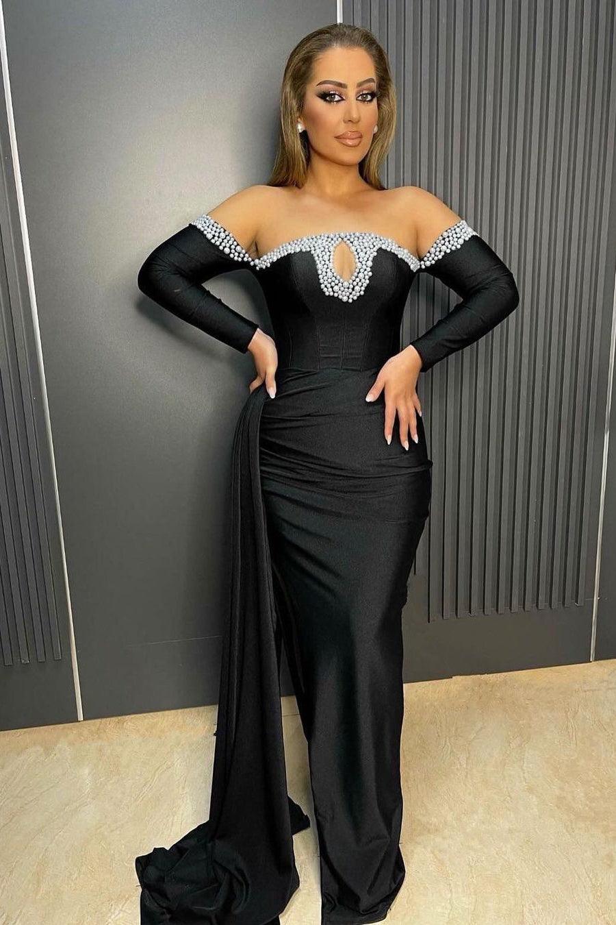 Bodenlanges, schwarzes Deluxe-Ballkleid im Meerjungfrau-Stil aus Satin mit langen Ärmeln und Perlen