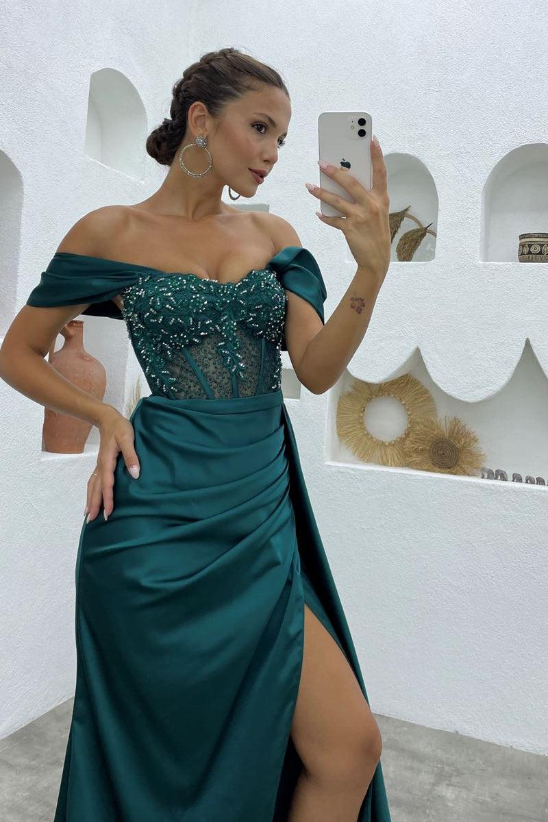 Deluxe bodenlanges, schulterfreies, ärmelloses Meerjungfrau-Ballkleid aus Satin mit Schlitz