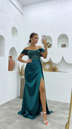 Deluxe bodenlanges, schulterfreies, ärmelloses Meerjungfrau-Ballkleid aus Satin mit Schlitz