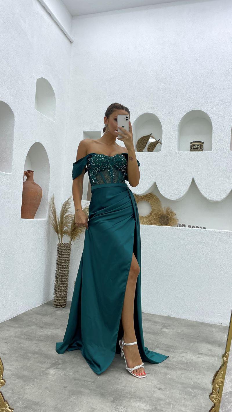 Deluxe bodenlanges, schulterfreies, ärmelloses Meerjungfrau-Ballkleid aus Satin mit Schlitz