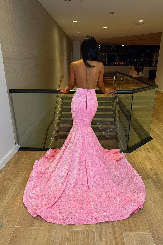 Bodenlanges, ärmelloses Deluxe-Ballkleid im Meerjungfrauen-Stil mit Pailletten und Rüschen