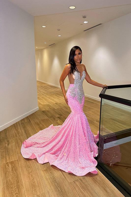 Bodenlanges, ärmelloses Deluxe-Ballkleid im Meerjungfrauen-Stil mit Pailletten und Rüschen