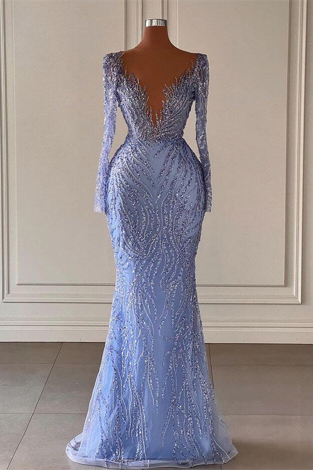 Bodenlanges Deluxe-Ballkleid aus Satin im Meerjungfrauen-Stil mit V-Ausschnitt und langen Ärmeln und Perlen