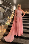Designer A-Line Chiffon Mother of The Bride Dress One Shoulder Sleeveless Pink Bridesmaid Dress With Appliques