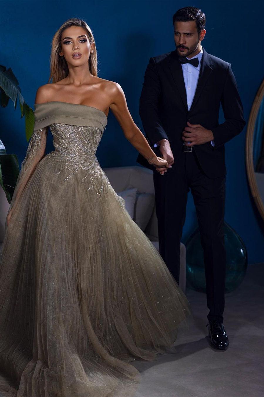 Designer A-line Off-the-shoulder Long Sleeves Sequined Prom Dress