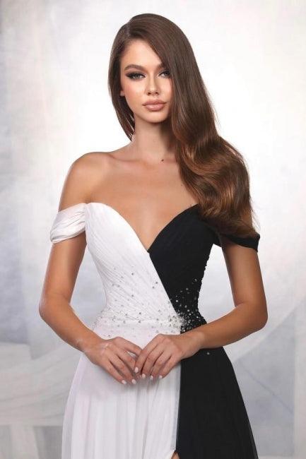 Designer A-Linie Satin Off-The-Shoulder Ärmellose Ballkleider mit Schlitz vorne