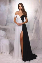 Designer A-Linie Satin Off-The-Shoulder Ärmellose Ballkleider mit Schlitz vorne