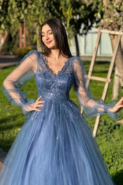 Designer A-Linie Tüll Ballkleid mit V-Ausschnitt und langen Ärmeln und Applikationen