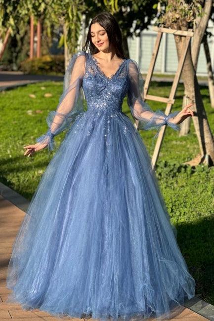 Designer A-Linie Tüll Ballkleid mit V-Ausschnitt und langen Ärmeln und Applikationen