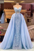 Designer Blau Lange Spitze Ballkleider Abendkleider Mit Abnehmbarer Schleppe