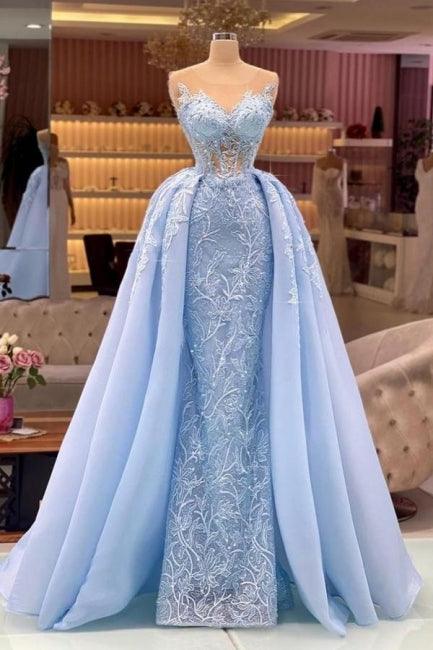 Designer Blau Lange Spitze Ballkleider Abendkleider Mit Abnehmbarer Schleppe