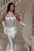 Designer-Säulen-Satin-Neckholder-ärmelloses silbernes Ballkleid mit Pailletten