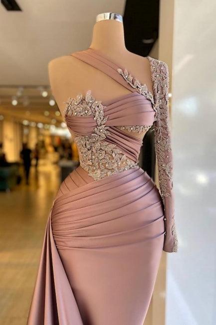 Designer-Ballkleid aus Satin mit einer Schulter und langen Ärmeln und Rüschen
