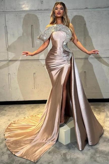 Designer-Ballkleid aus Satin mit einer Schulter und ärmellos und Schlitz vorne