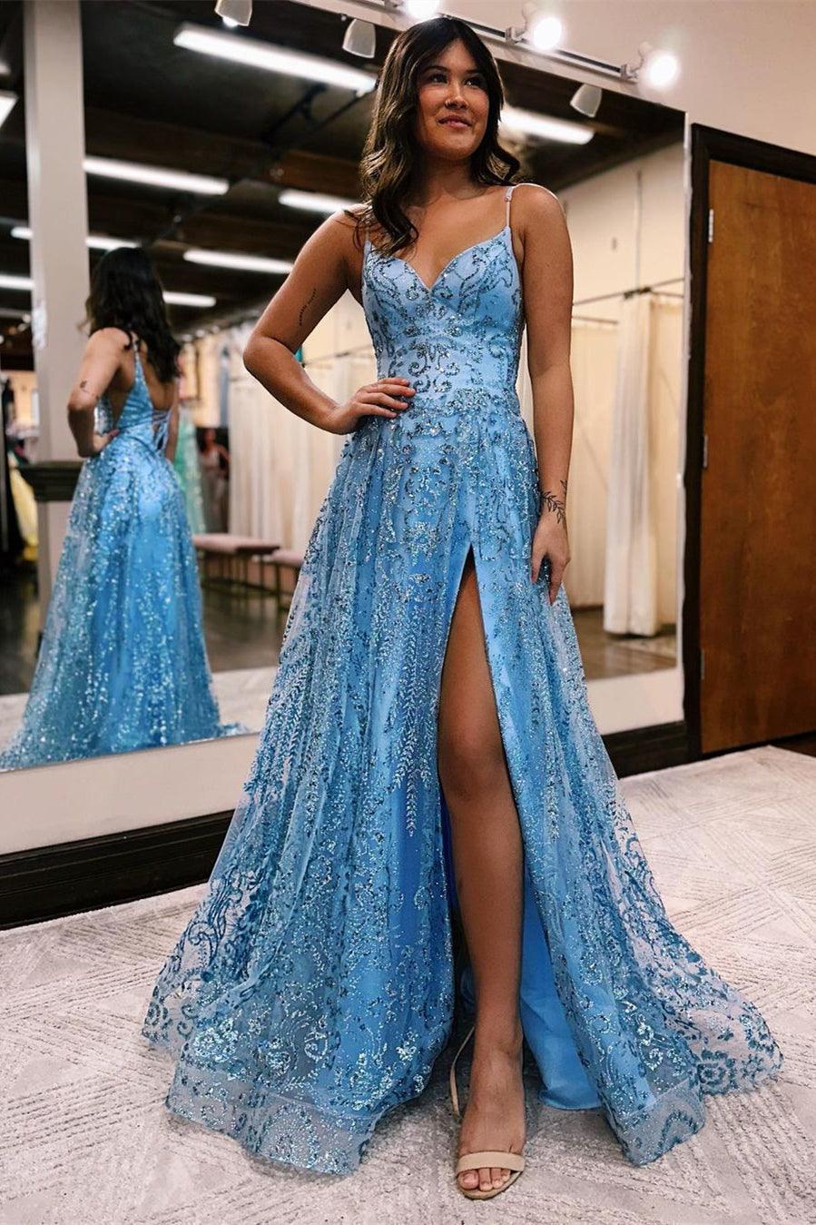 Langes, ärmelloses A-Linien-Ballkleid mit Spaghettiträgern und Spitze und Schlitz