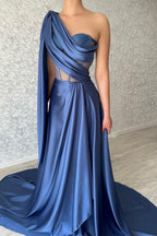 Designer Long Blue A-line One Shoulder Sleeveless Prom Dress