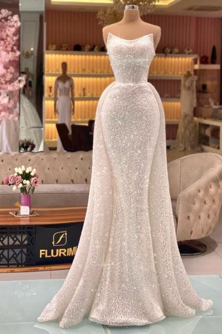 Vestidos de fiesta de sirena largos sin tirantes color marfil con purpurina, de Numbersea Designer