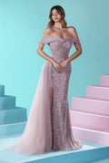 Vestido de fiesta de tul con encaje y cuentas, estilo sirena, hombros descubiertos y diseño de diseñador