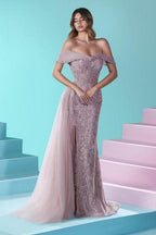 Vestido de fiesta de tul con encaje y cuentas, estilo sirena, hombros descubiertos y diseño de diseñador