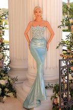 Langes Designer-Ballkleid im Meerjungfrau-Stil mit Spaghettiträgern und Glitzer aus Spitze