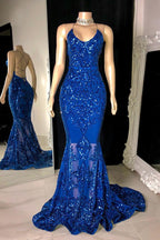 Designer-Ballkleid mit Spaghettiträgern, lang, Meerjungfrau-Form, ärmellos, Spitze
