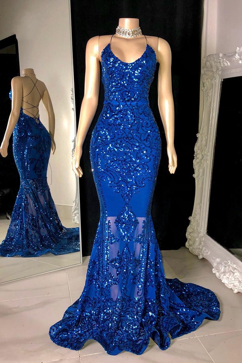 Designer-Ballkleid mit Spaghettiträgern, lang, Meerjungfrau-Form, ärmellos, Spitze