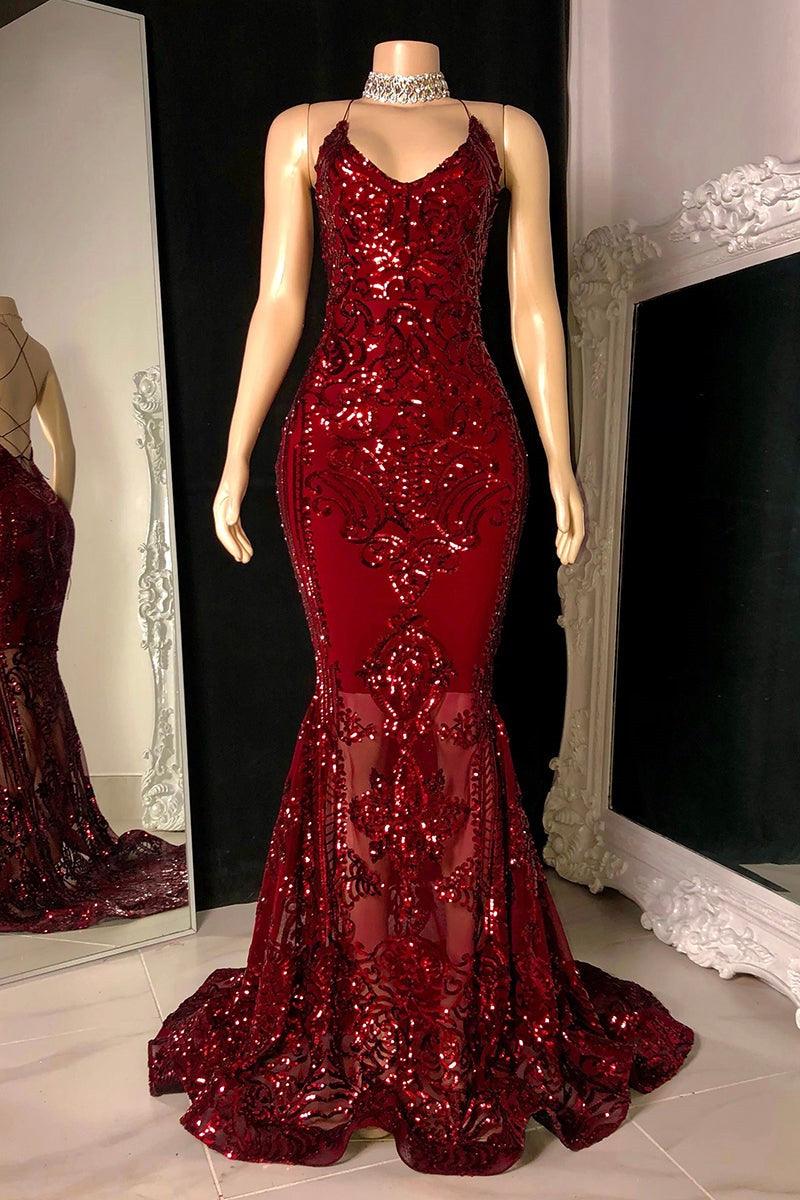 Designer-Ballkleid mit Spaghettiträgern, lang, Meerjungfrau-Form, ärmellos, Spitze