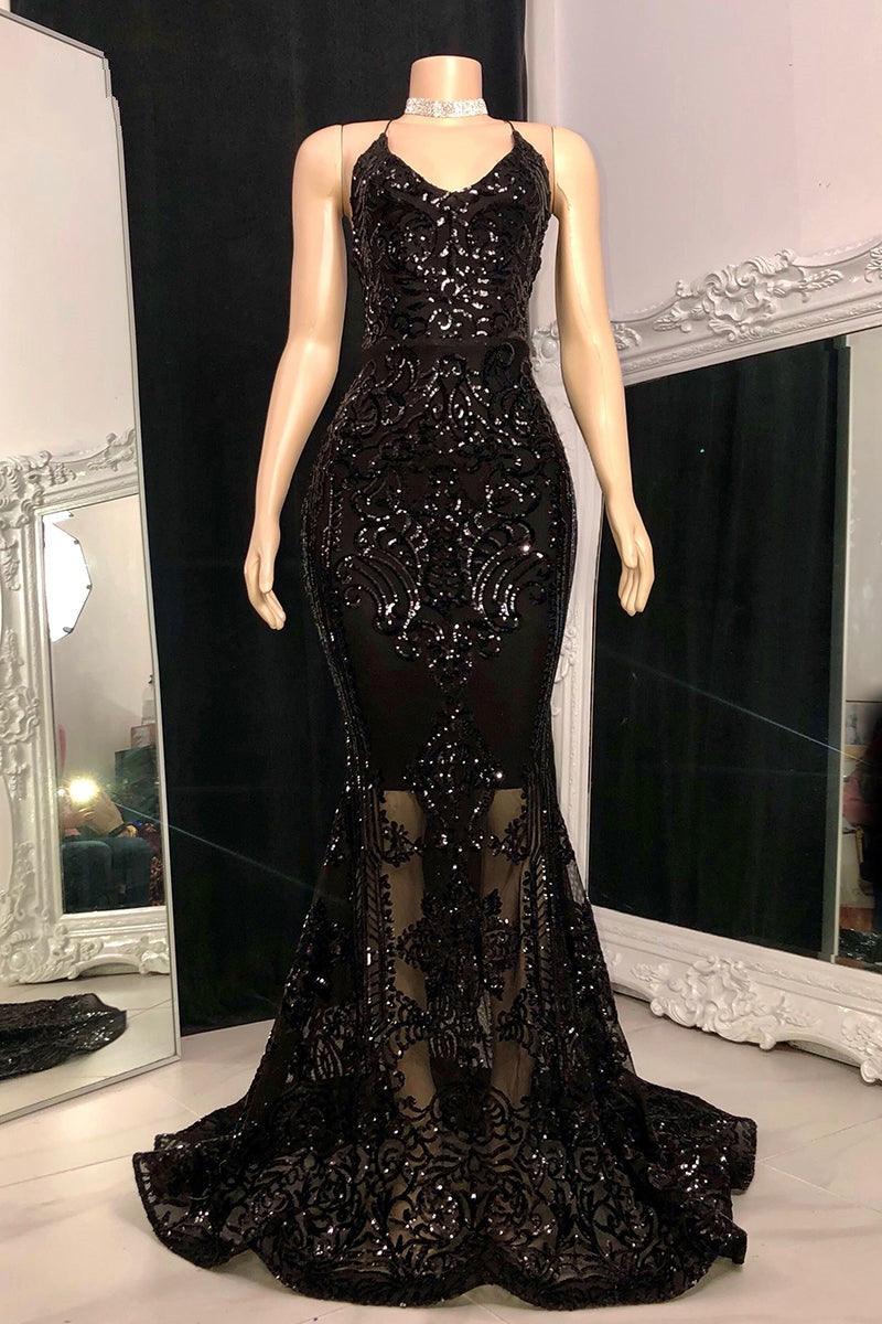 Designer-Ballkleid mit Spaghettiträgern, lang, Meerjungfrau-Form, ärmellos, Spitze