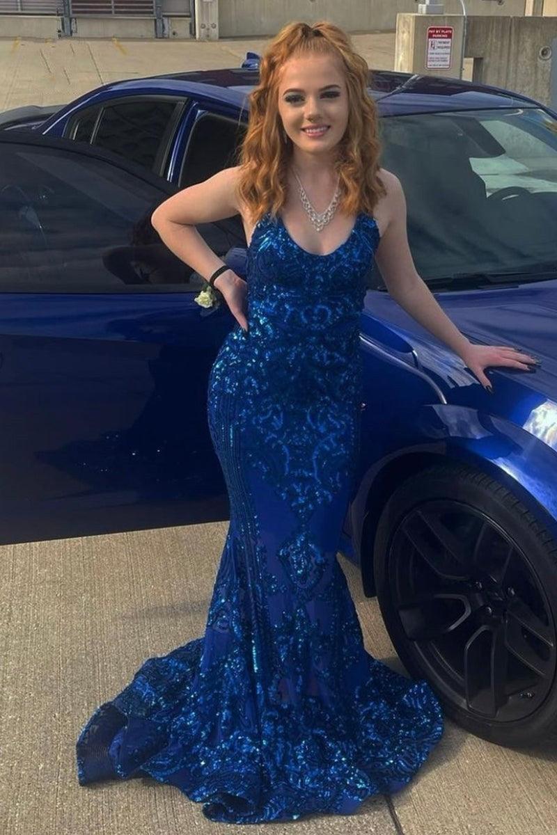 Designer-Ballkleid mit Spaghettiträgern, lang, Meerjungfrau-Form, ärmellos, Spitze