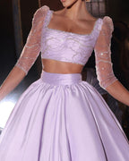 Designer-Ballkleid mit Perlenbesatz, zweiteilig, A-Linie, 3/4-Ärmel