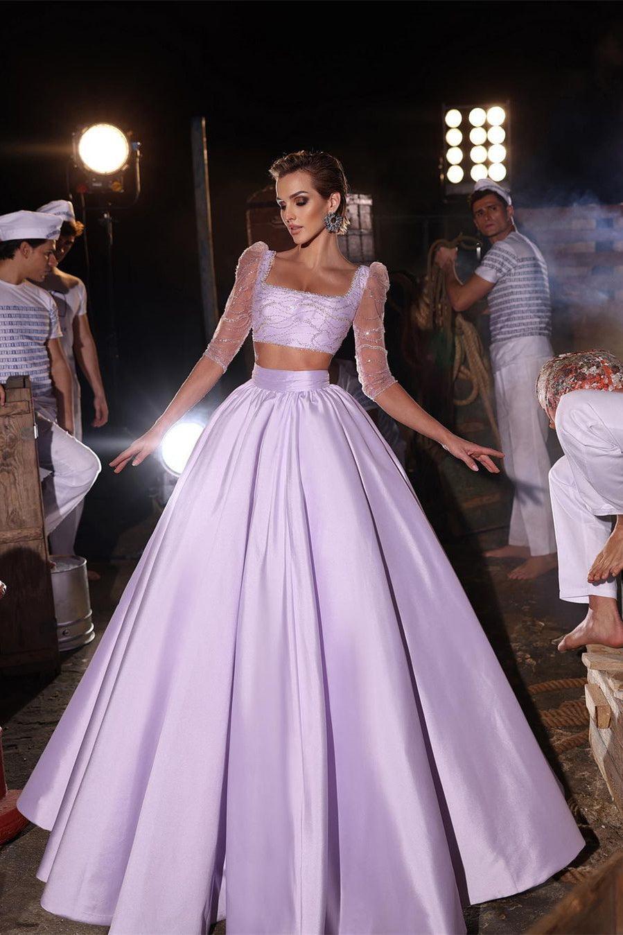 Designer-Ballkleid mit Perlenbesatz, zweiteilig, A-Linie, 3/4-Ärmel