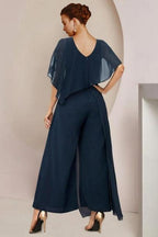Designer Zweiteiler Anzug für die Brautmutter aus Chiffon mit U-Ausschnitt und Flügelärmeln, Brautjungfernkleider mit Rüschen