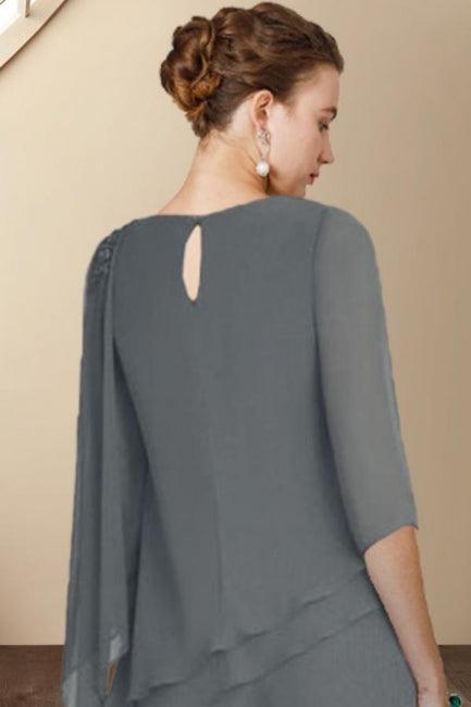 Designer Two Pieces Mother of The Bride Suit Chiffon Scoop Half Sleeve Bridesmaid Dresses With Ruffles