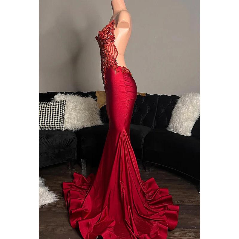 Vestido de fiesta de noche sexy y atractivo con tirantes finos, cuello halter, apliques y volantes, sin espalda