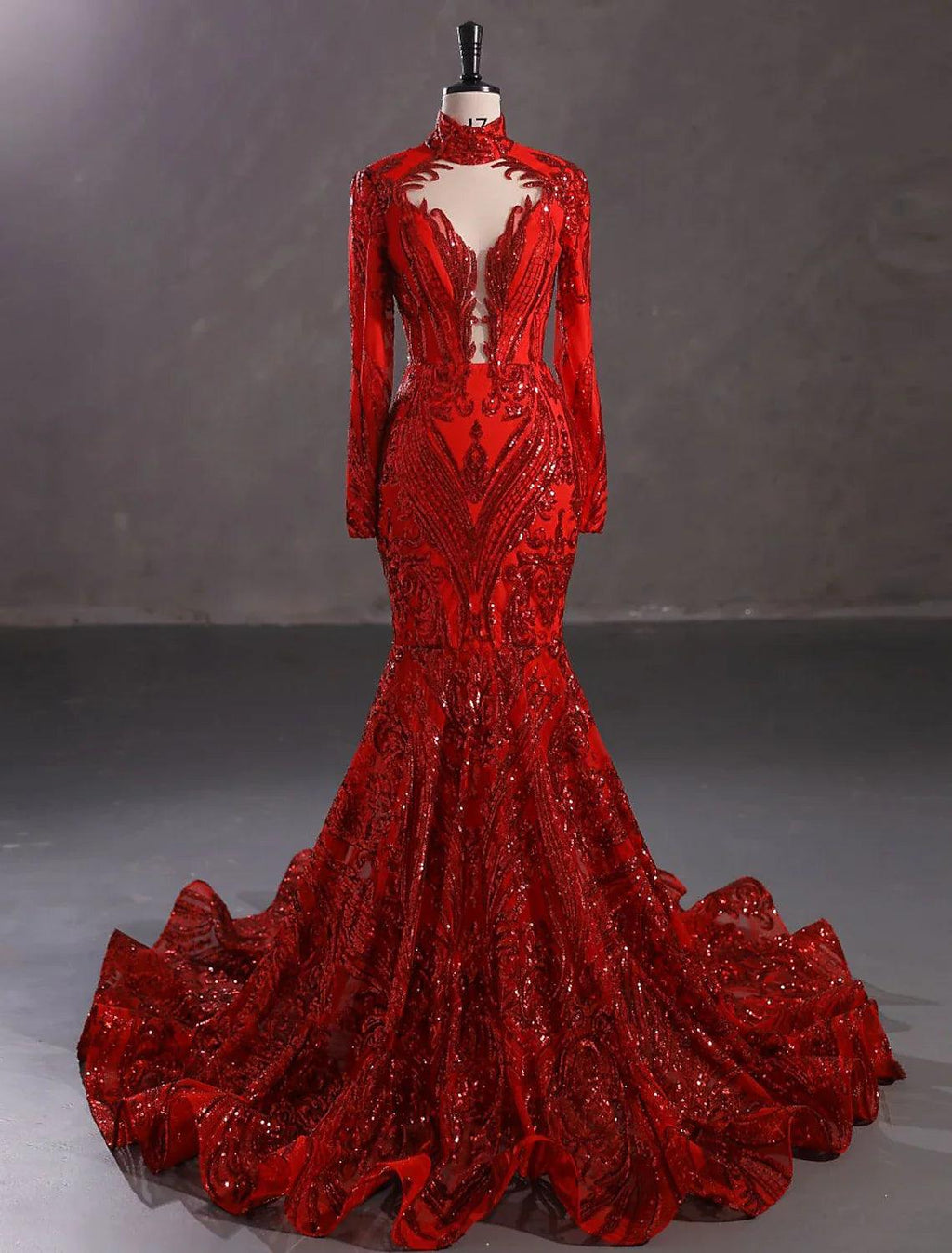 Vestido de noche elegante de sirena/trompeta, vestido de compromiso, cola de corte, manga larga, cuello alto, encaje con lentejuelas