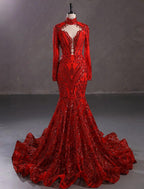 Vestido de noche elegante de sirena/trompeta, vestido de compromiso, cola de corte, manga larga, cuello alto, encaje con lentejuelas