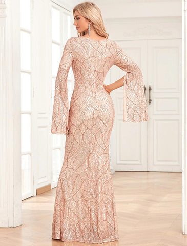 Meerjungfrau/Trompete Abendkleid Elegantes Kleid Abend Party Abschlussball Bodenlang Langarm V-Ausschnitt Herbst Hochzeitsempfang Pailletten mit Pailletten