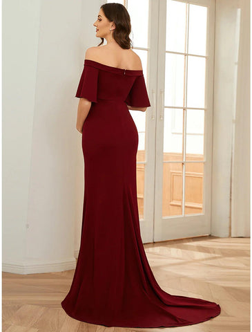 Meerjungfrau/Trompete Umstandskleider Umstandskleid Formelle Hochzeit Party Hofschleppe Kurzarm Schulterfrei Stretchstoff mit Rüschen Reine Farbe