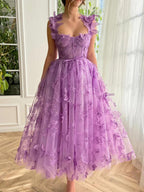 Vestido de fiesta Aline de tul midi con mariposas